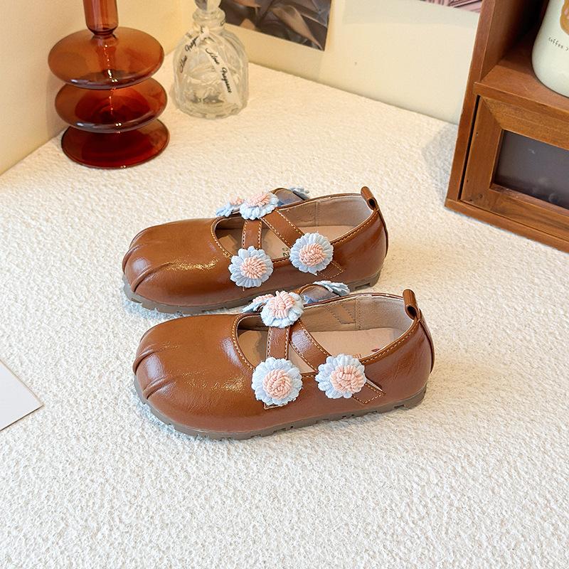 Girls Korean Flower Cross Strap Mary Jane Shoes Leather Casual Princess Shoes for Spring Autumn
