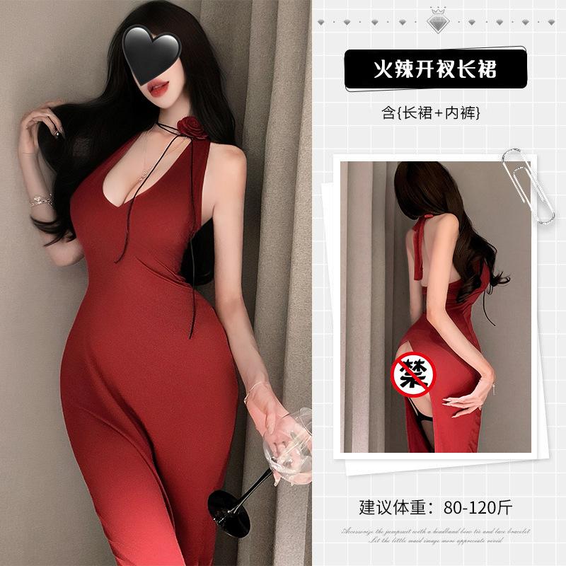 French Celebrity Deep V Breast Seduction Sexy Pure Black Red Dress Naked Buttocks Sex Underwear