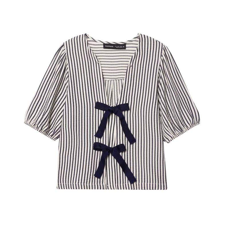 

Kaslead New Arrival Women s Fashion Style Bowknot Decoration Stripes Short Sleeve V Neck Blouse 1165057 066 Picture Color L