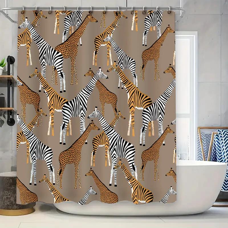 

Animal Print Shower Curtain Zebra Giraffe Pattern Brown Background For Bathroom Decorations Polyester Fabric Water Repellent Wat W60H190(CM)-1 Pcs