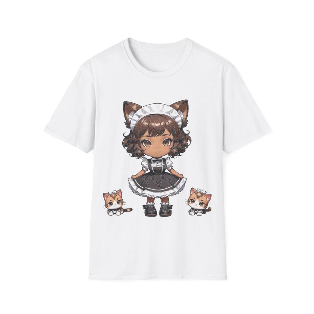 Chibi Catgirl Maid T-Shirt Kawaii Anime Maid with Kittens Soft Cotton Tee