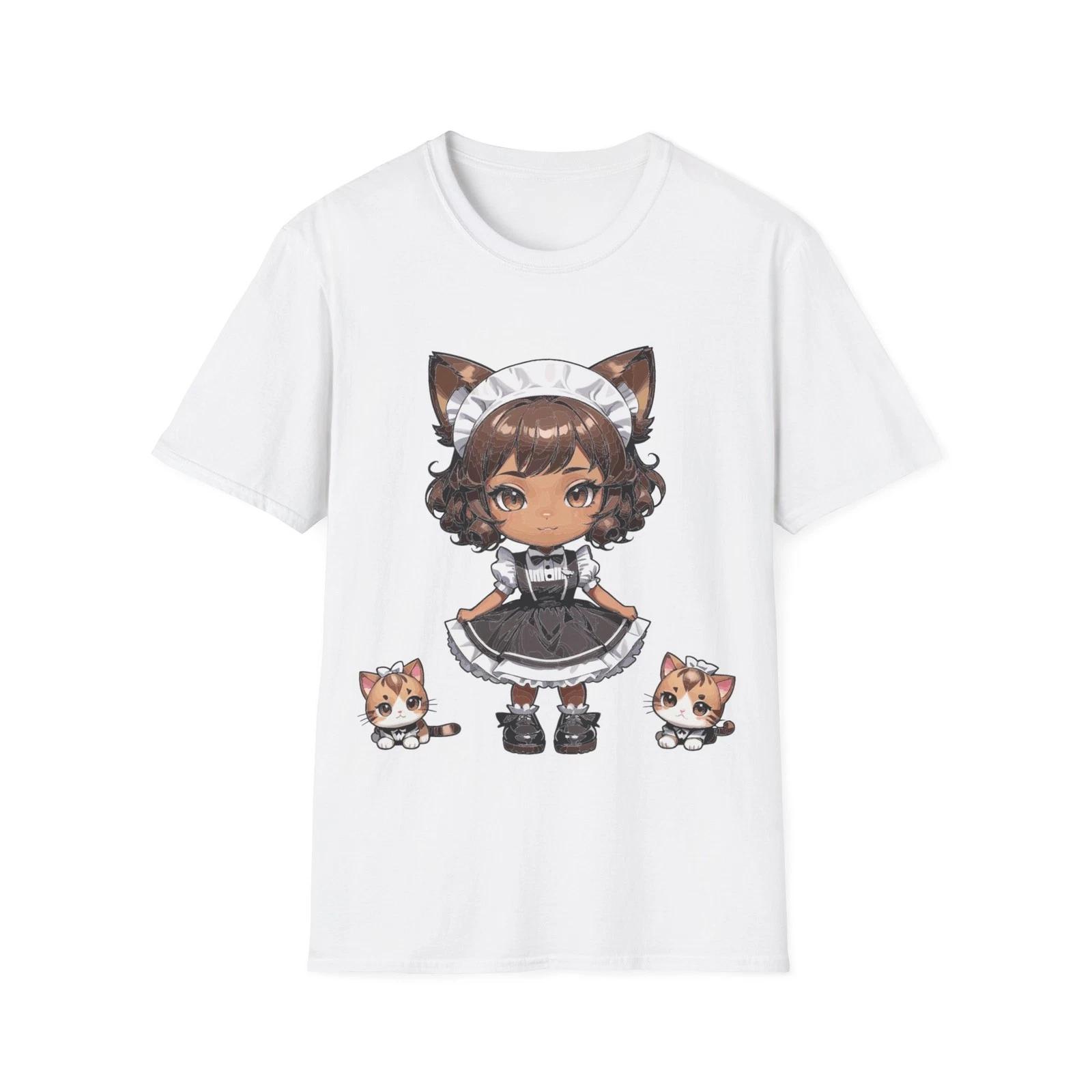Chibi Catgirl Maid T-Shirt Kawaii Anime Maid with Kittens Soft Cotton Tee M