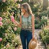 Women Sleeveless U Neck Button Front Floral Print Casual Tank Top Blouse Summer Lightweight Loose Fit Shirt