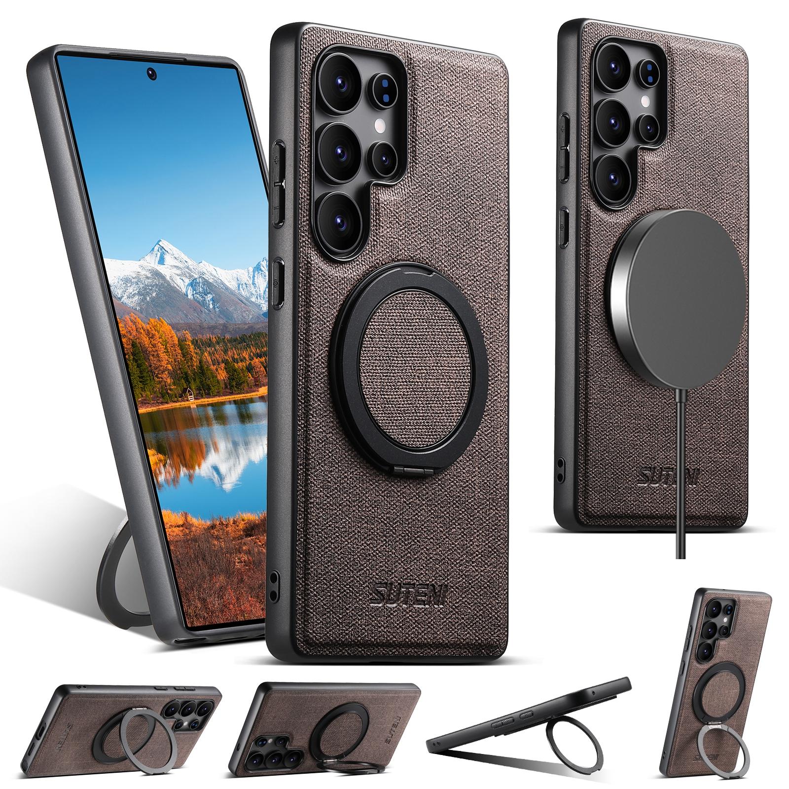 

SUTENI G3 For Samsung Galaxy S25 Ultra Magnetic Case Rotating Ring Kickstand Jeans Texture PU TPU Phone Back Cover Brown