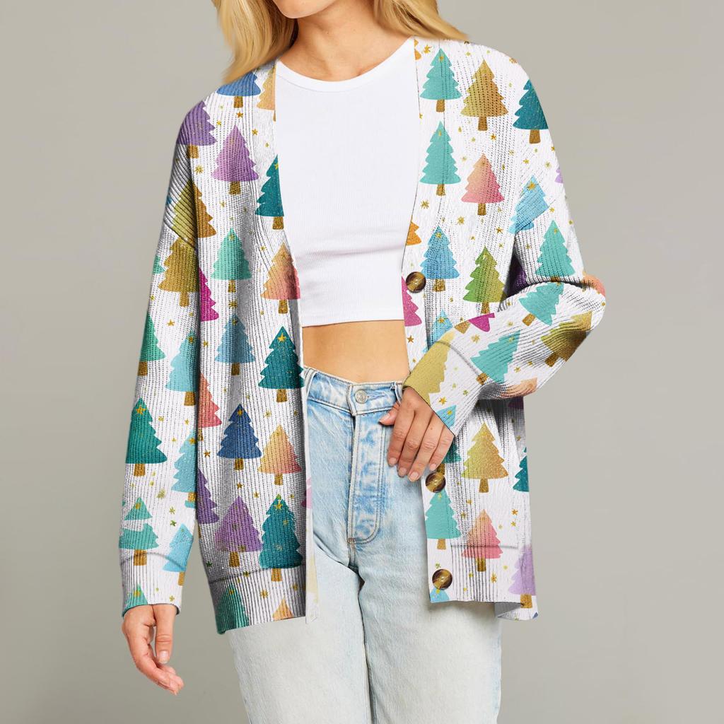 Women's Fashion Long Sleeve Print V-Neck Button Loose Cardigan Top