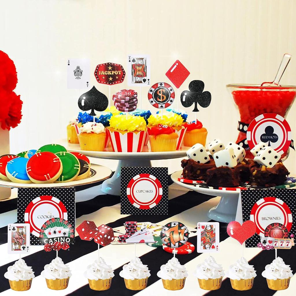 32pcs Casino Cupcake Toppers Casino Poker Theme Party Decorations for Las Vegas Casino Night Poker Events Birthday Supplies