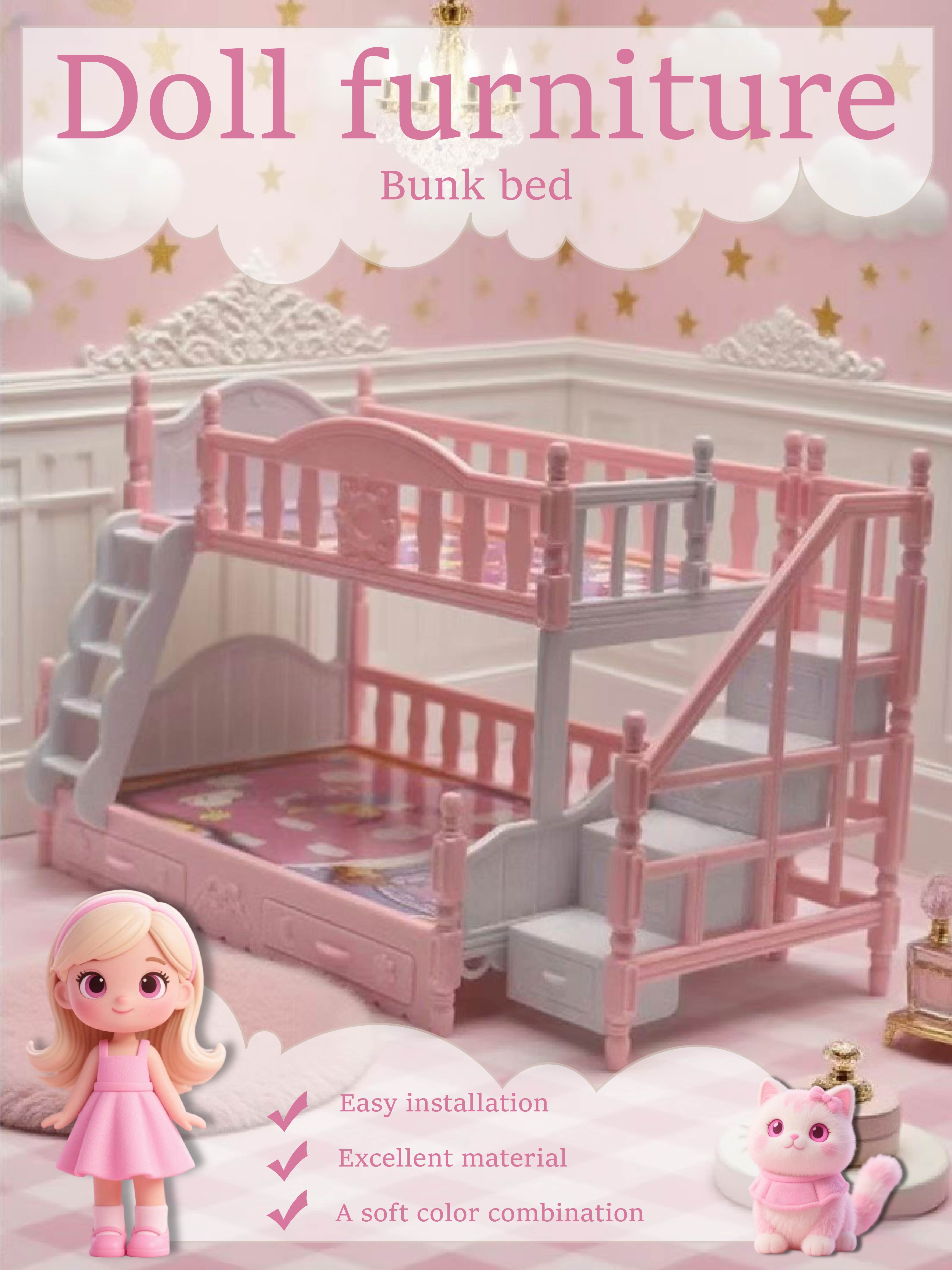 Пастельно-розовая и серая кукольная двухъярусная кровать – Легко устанавливаемый набор мебели для кукольной спальни