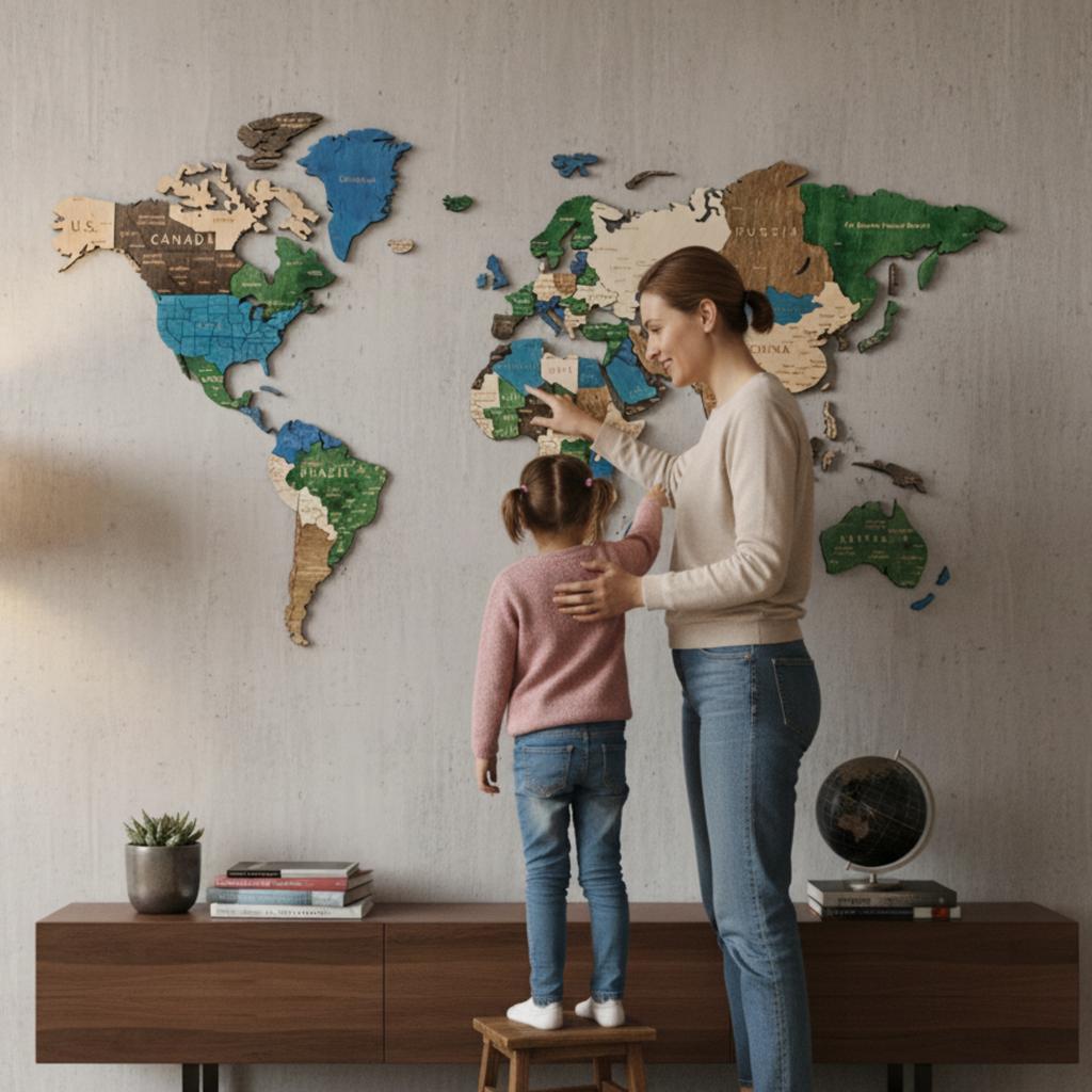3D Wooden World Map Multicolor 105cm with Cities Wall Decoration
