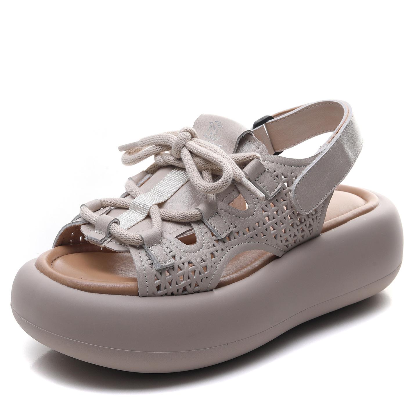 

Johnature Thick Soled Peep Toe Sandals Genuine Leather Comfortable Casual Women s Flat Platform Shoes 39 бежевий