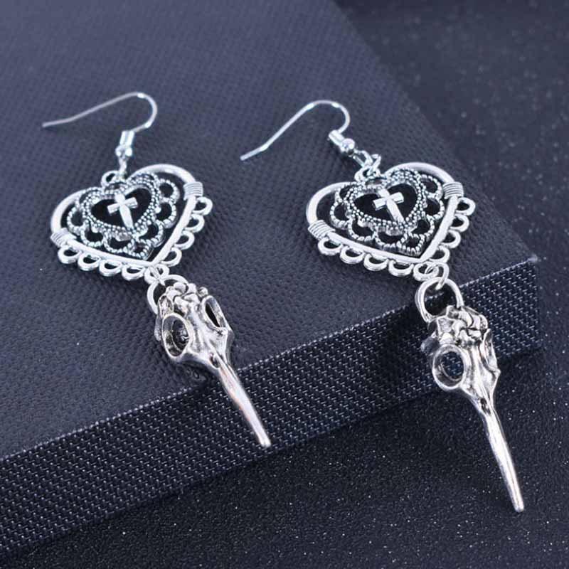 Gothic Heart-Shaped Cross Bird Skull Earrings, Punk Style Alternative Design Jewelry, Dark Aesthetic Girl Personality Gift