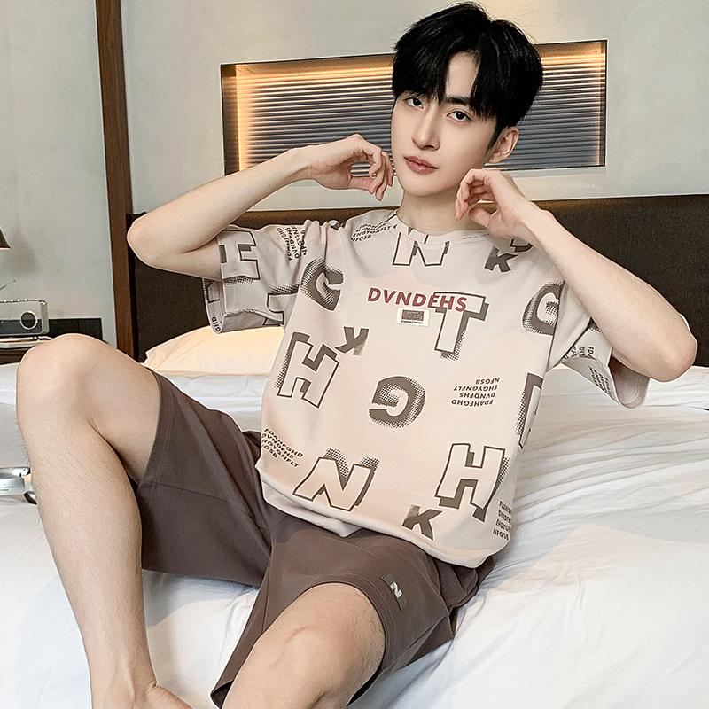 Letnie cienkie bawełniane dzianinowe bluzki z krótkim rękawem i szorty Męskie zestawy piżamowe koreańska piżama tie-dye dla mężczyzn Stroje do spania Odzież domowa