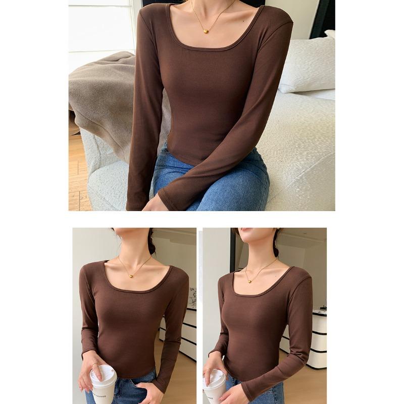 Damen U-Ausschnitt Langarm Schlank Geschnitten Cropped Basic Unterhemd T-Shirt
