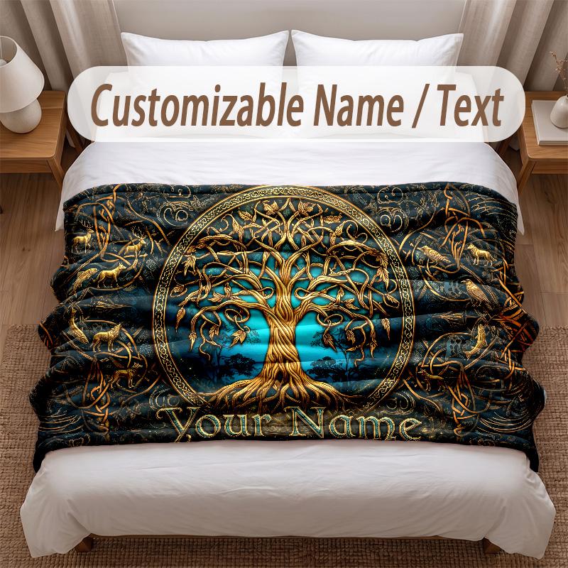 Tree of Life Theme Soft Blanket Personalized Custom Name Text Print Warm Blanket Home Sofa Bedroom Decor