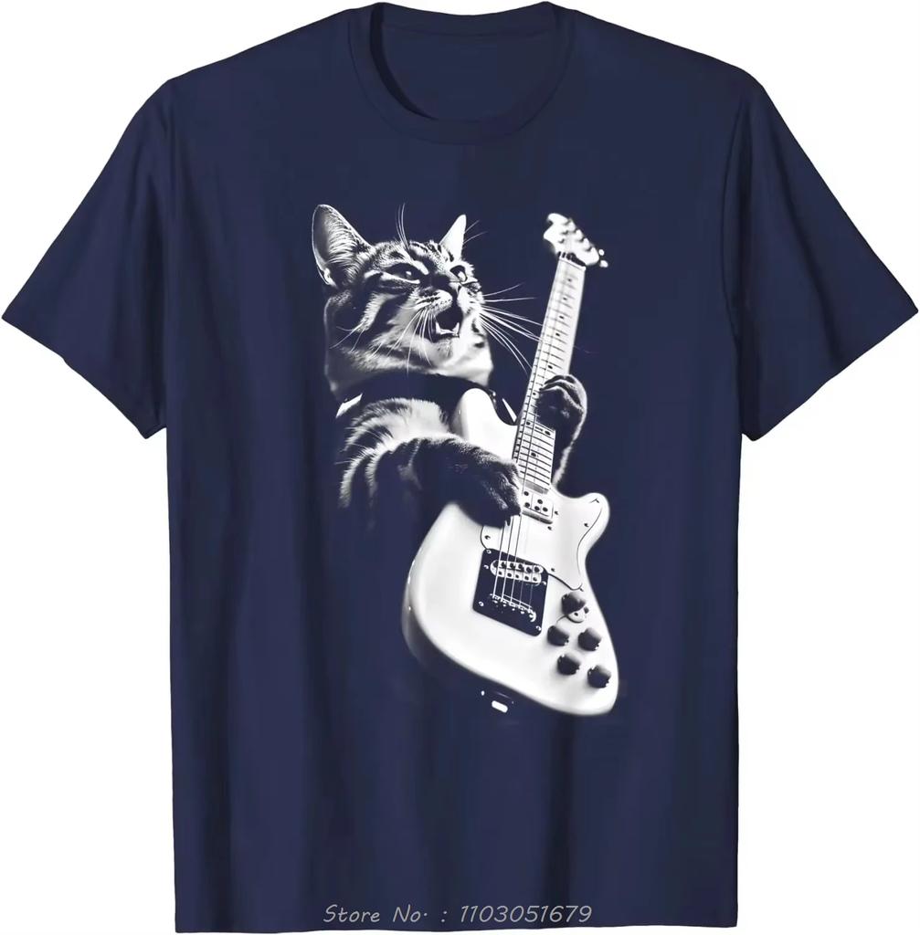 Rock Cat Playing Guitar Guitar Cat Mens Clothing Oversized T Shirt Casual Daily Fitness T Shirt Four Seasons Cotton Tshirt