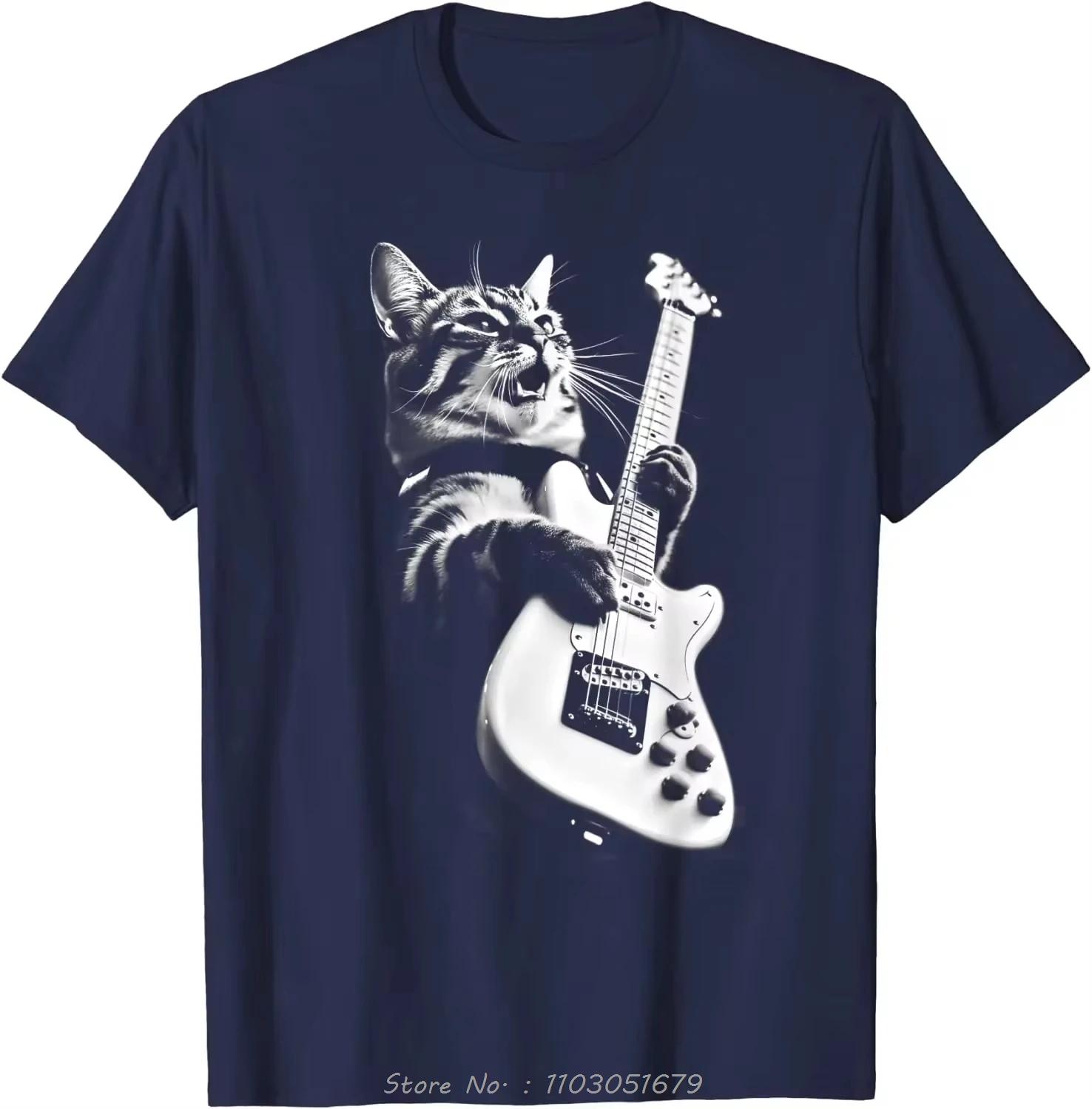 Rock Cat Playing Guitar Guitar Cat Mens Clothing Oversized T Shirt Casual Daily Fitness T Shirt Four Seasons Cotton Tshirt S