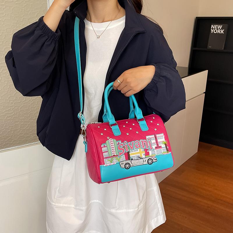 Boston Bag with Embroidery, High-end Single-shoulder Crossbody Bag