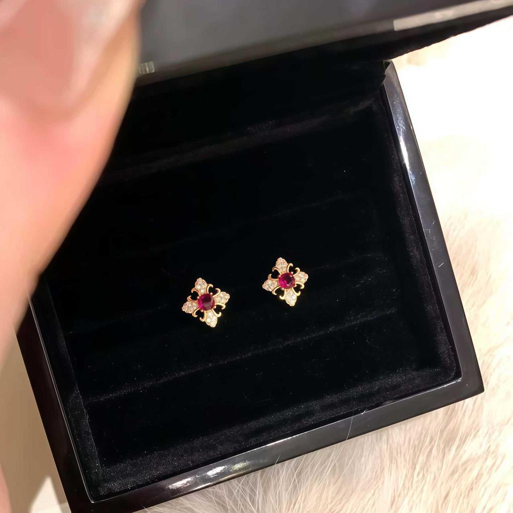 18K Gold-Plated Sterling Silver Stud Earrings with Red Diamond, Women's Versatile French Style Ear Jewelry.
