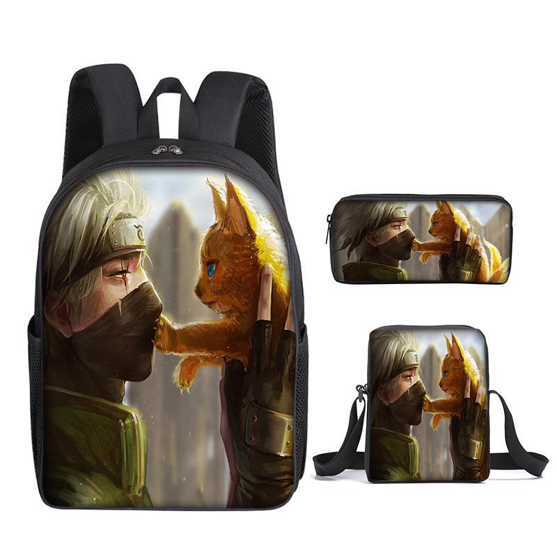 Naruto Naruto Rucksack Dreiteiliges Set, Schulranzen für Grund- und Sekundarschule, Umhängetasche, Messenger Bag, Federmäppchen.