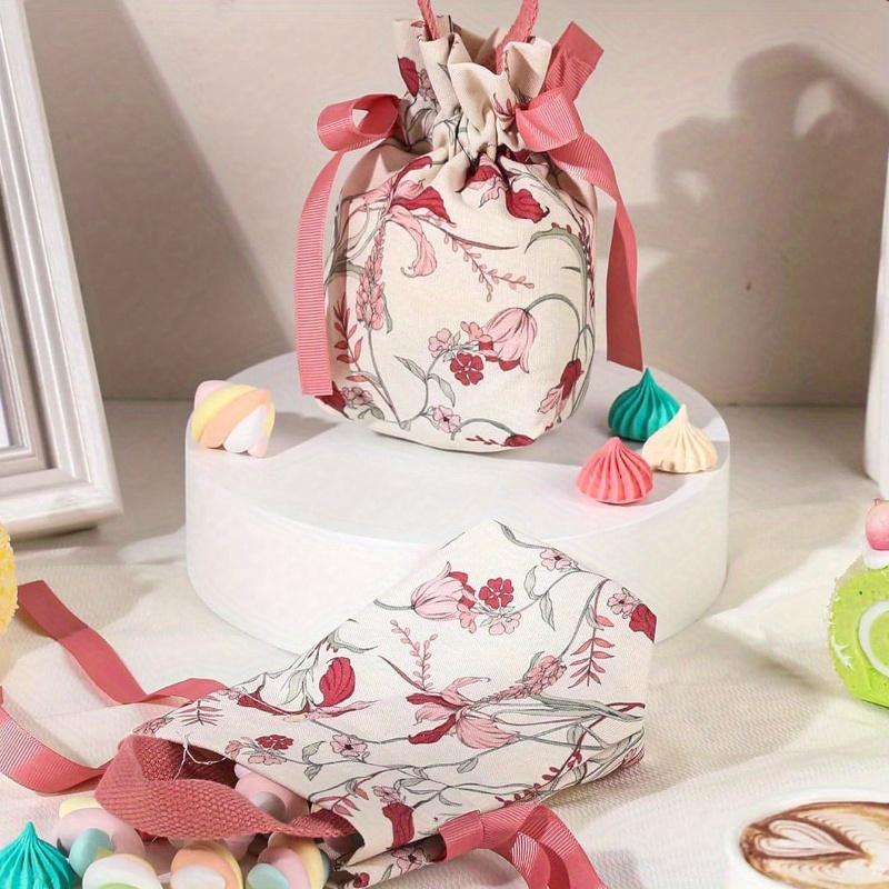 Floral Small Gift Bags with Handles, Small Flower Candy Bags, Tea Party Gift Bags, Jewelry Bags with Drawstring, Canvas Small Candy Bags