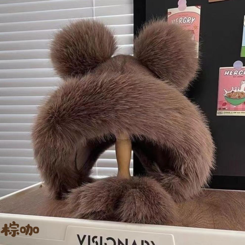Supply cute bear plush hat women's autumn and winter thickened warm face small ear hat imitation fur Lei Feng hat