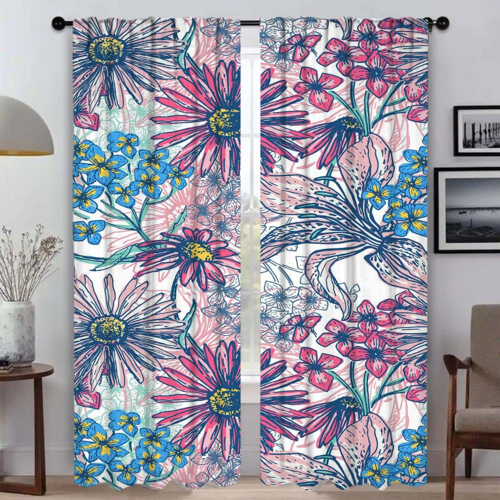 Flower Curtains for Living Room Curtain Anti-mosquito Curtains 2 Pieces Tulle for Bedroom Halloween Decoration Partition Shades