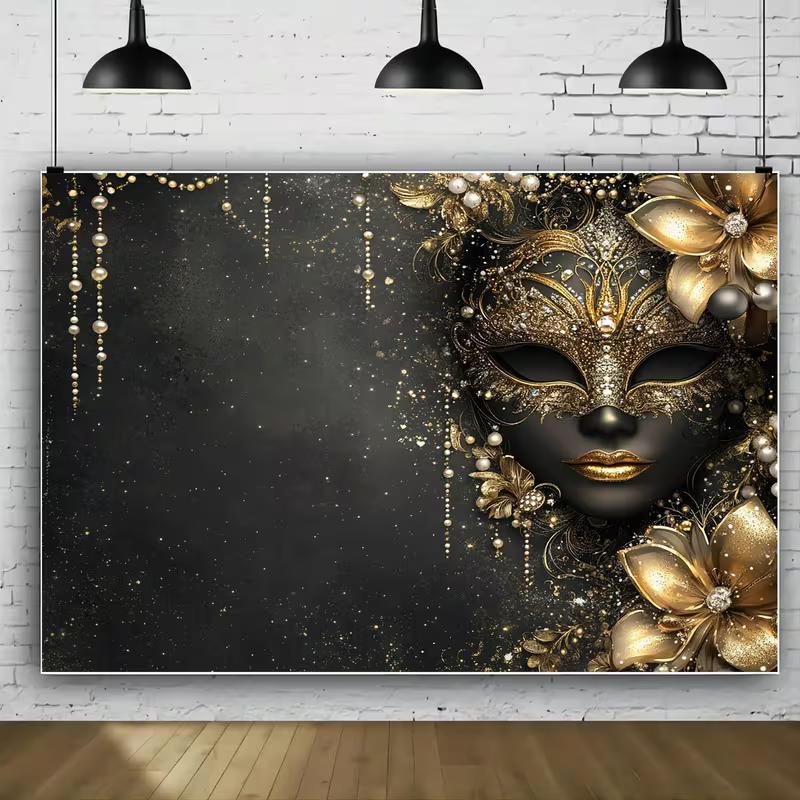 

2D Black Gold Masquerade Mask Backdrop for Carnival, Halloween & New Year Party 47.2x31.5inch/120*80cm