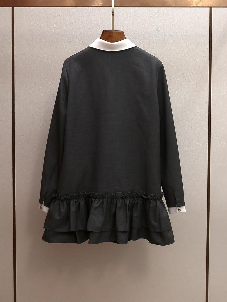 Spring Gray Color Block Ruffle Patchwork Dress for Women