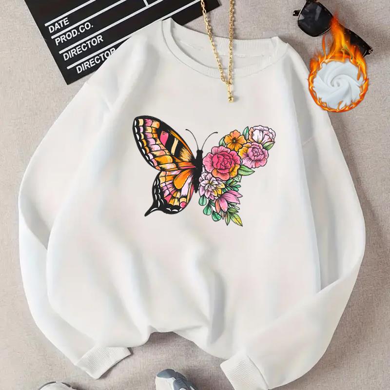 

(Азиатский размер) Женские модные повседневные пуловеры с милыми бабочками и цветами на осень-осень-зиму, весенние модные повседневные пуловеры, флисовая одежда, свитшоты с графикой