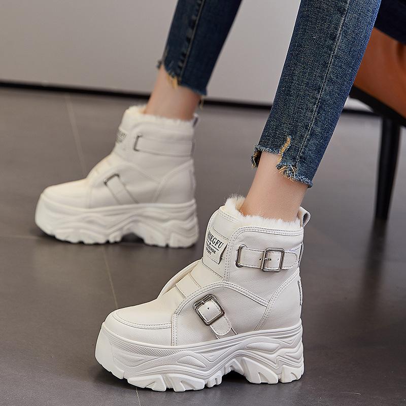 Fashion 8CM Genuine Leather Women Warm Animal Hair Chimney Hidden Heels Platform Wedge Autumn Winter Plush Booties Warm Fashion Shoes