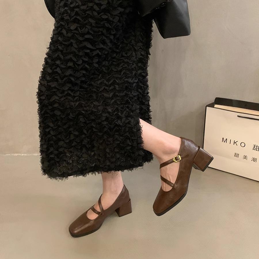 Thick Heel Square Head Mary Jane Small Leather Shoes Women's British Spring and Autumn Shoes Light Mouth Single Shoes Women's Temperament French Retr
