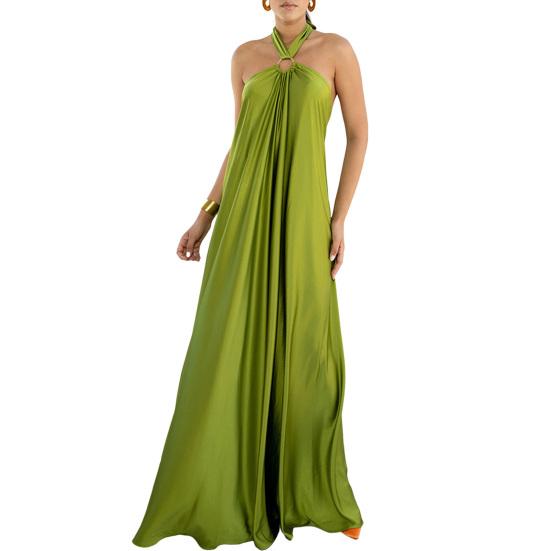 

С открытыми плечами, открытой спиной, бретельками, сплошное цветное пляжное платье трапециевидной формы, элегантное повседневное вечернее платье с лямкой на бретельках и большим подолом, сарафан L светло-зеленый