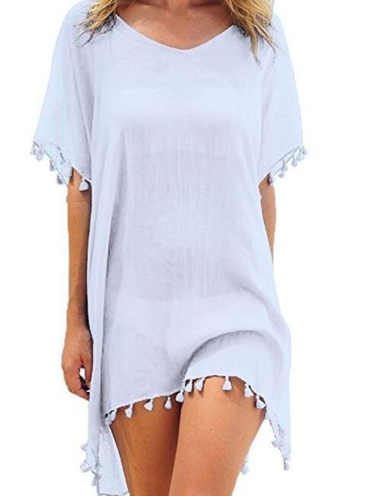 Women's Round-neck Loose Small Broom Fringed Chiffon Dress Beach Coverall Large Size Sexy in Stock