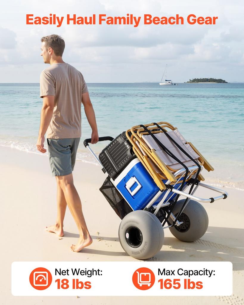 Beach Dolly with Big Wheels for Sand, 505 X 374 Mm Cargo Deck, Folding Sand Cart with 320 Mm Balloon Wheels, 75 Kg Load Capacity, 860-1160 Mm