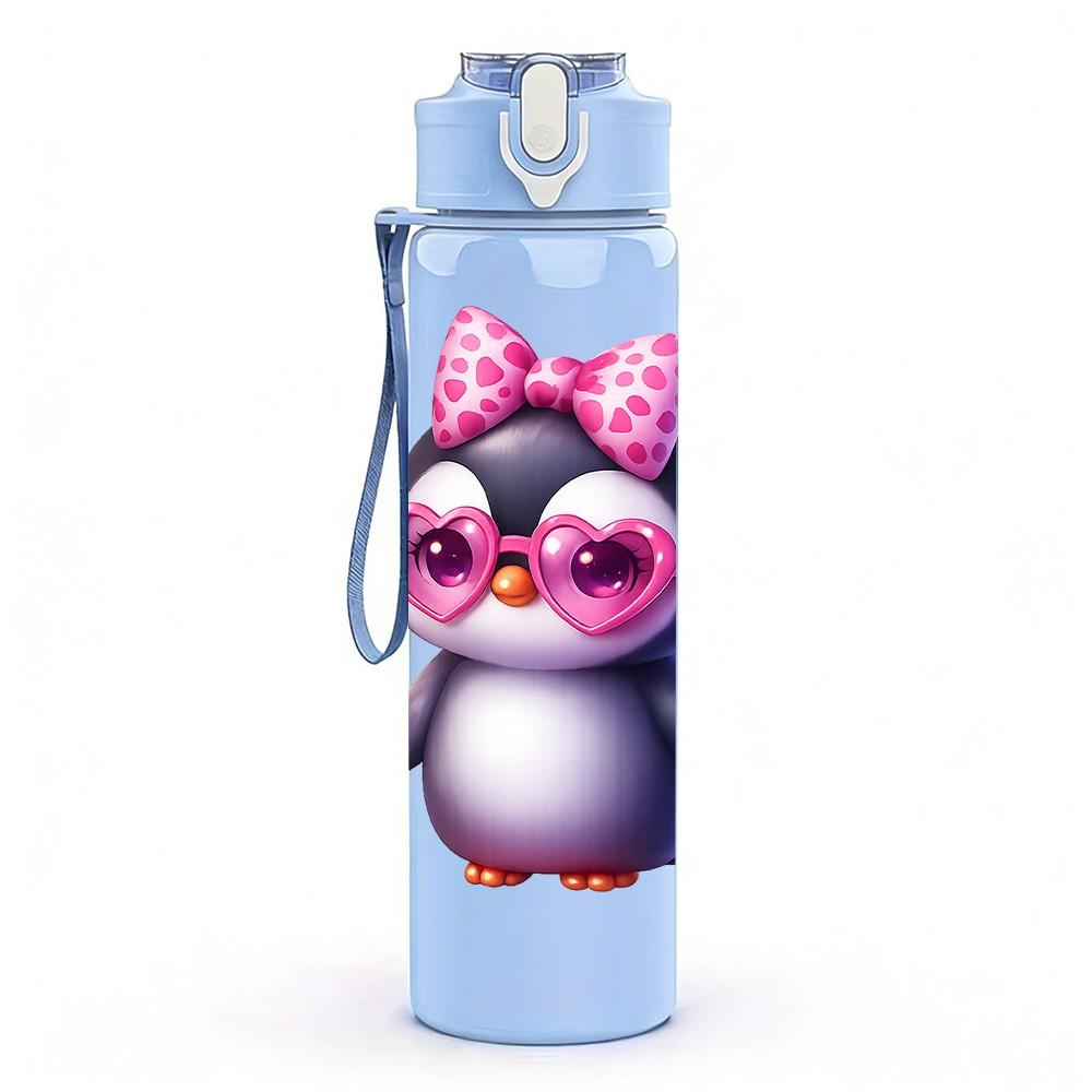 1PC Cute Pink Penguin 750ml Color Plastic Sports Water Bottle Leakproof Flip Straw Lid Suitable for Sports Office Home Use