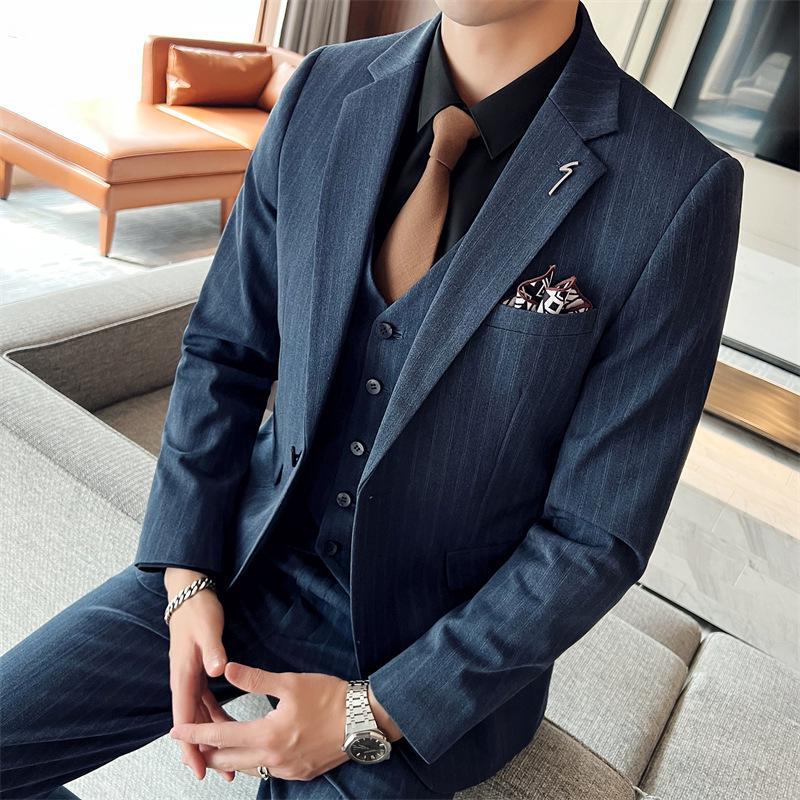Men's Slim Fit Striped Three-Piece Suit for Wedding or Business Wear