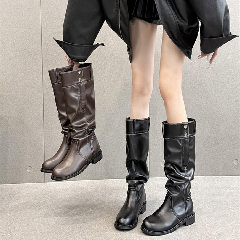 British Style Pleated Piled Boots, Women's Knees Are Thin, Big Tube Circumference Boots, Thick Heel Thick Knight Boots