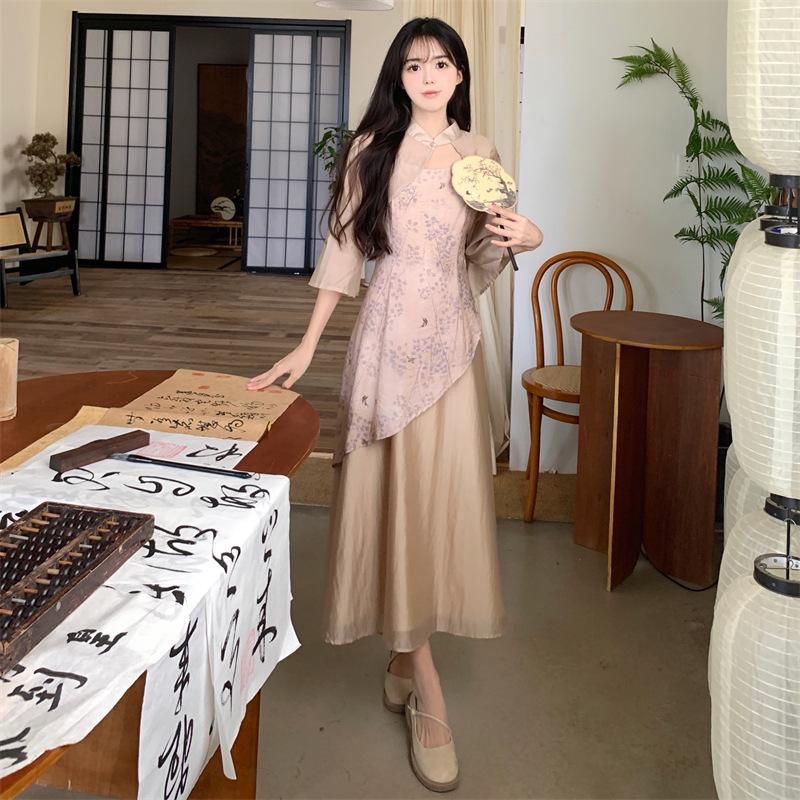 2024 Summer Zen-Inspired Chinese Cheongsam Dress: Irregular Print, Long Suspender Skirt