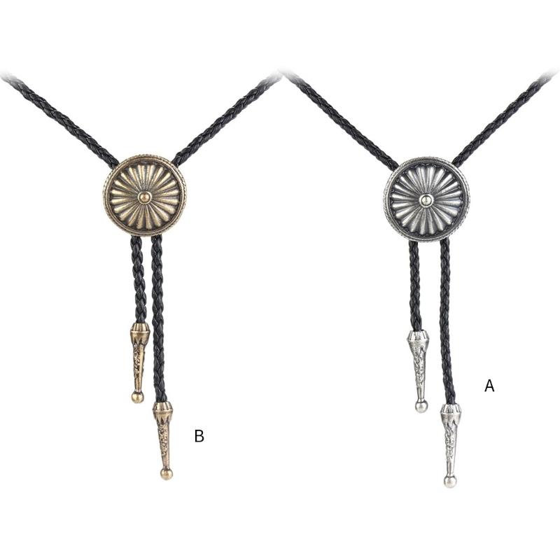Mens Bolo Tie Necktie Faux Leather Braided Rope Necklace with Metal Round Flower Pendant Jewelry Cowboy Hat Accessories