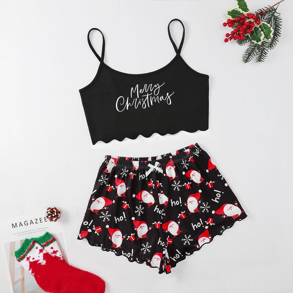 Christmas Style Milk Silk Camisole and Shorts Two-Piece Pajama Set