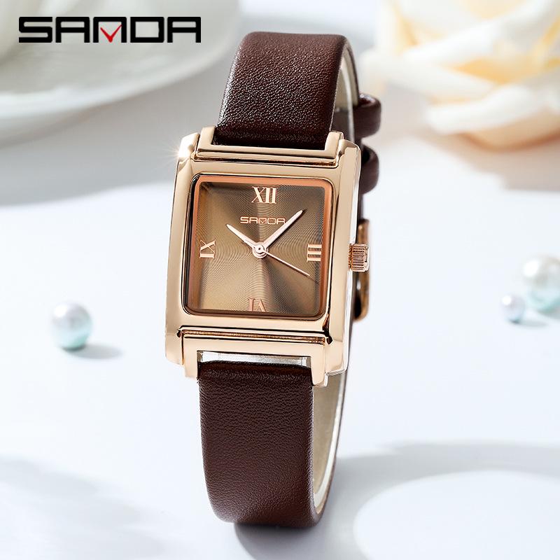 Sanda Women's Retro Leather & Mesh Strap Casual Wristwatch