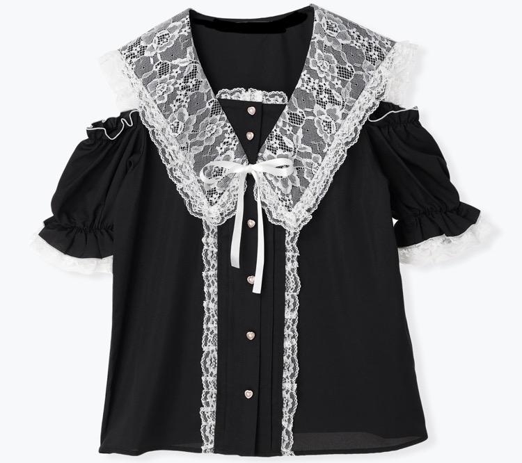 

[USED] Off-the-shoulder lace ribbon blouse, short sleeves, open shoulder, dreamy, cute, mass-produced, landmine, Gothic Lolita