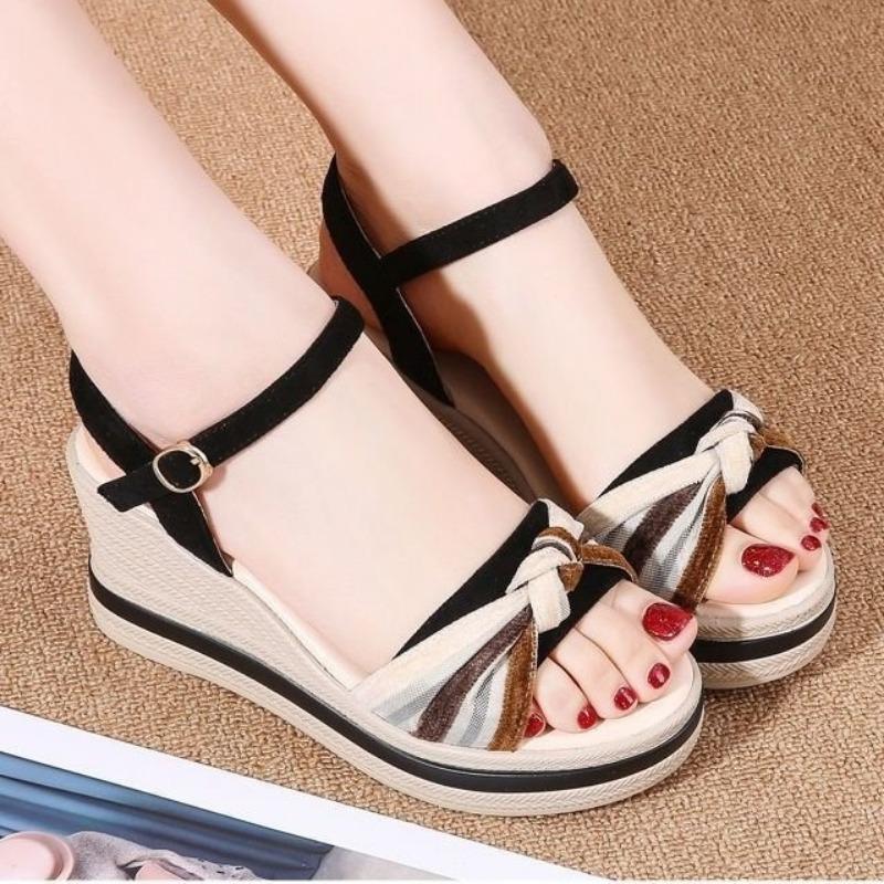 

Fashion Ladies Shoes Orthopedic Summer 2025 Wedge Heel Roman Style Comfort Footwear with High Heels Sandals for Women Leather 40 чёрный
