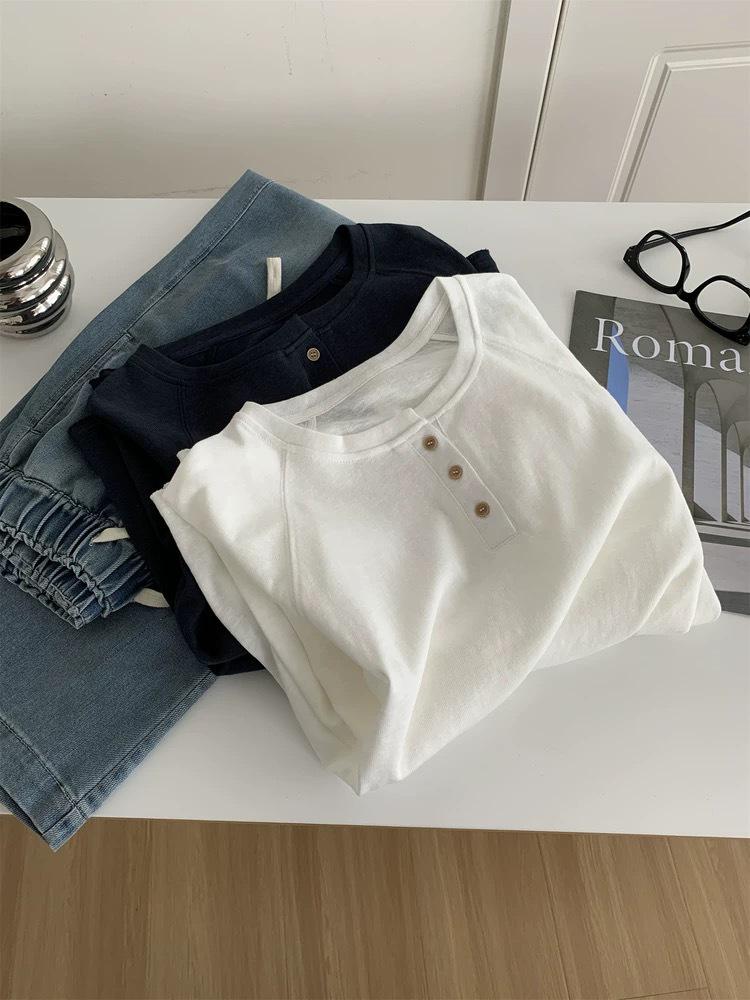 Damen Plus Size Koreanischer Stil Henley-Kragen Langarm Baumwoll-T-Shirt, 240 Jin, Figurschmeichelnder Schnitt, Einfarbige Basis Schicht