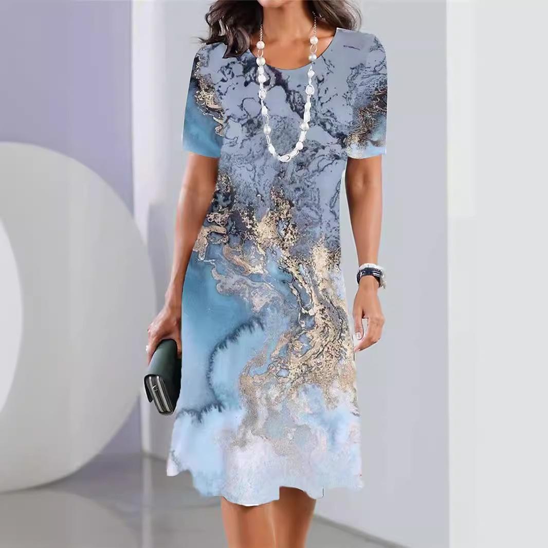 

Spring Summer Women Short Sleeve Dress High Waist A Line Dress Round Neck Elegant Dress XS синій