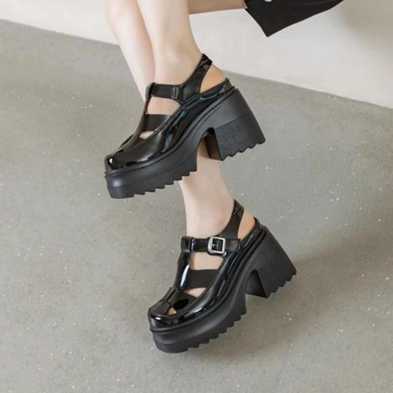 Fashion High quality 10cm Synthetic Patent Genuine Summer Buckle Women Sandals Ladies Hot Sale Platform Wedge Mujer Comfy Fashion Shoes