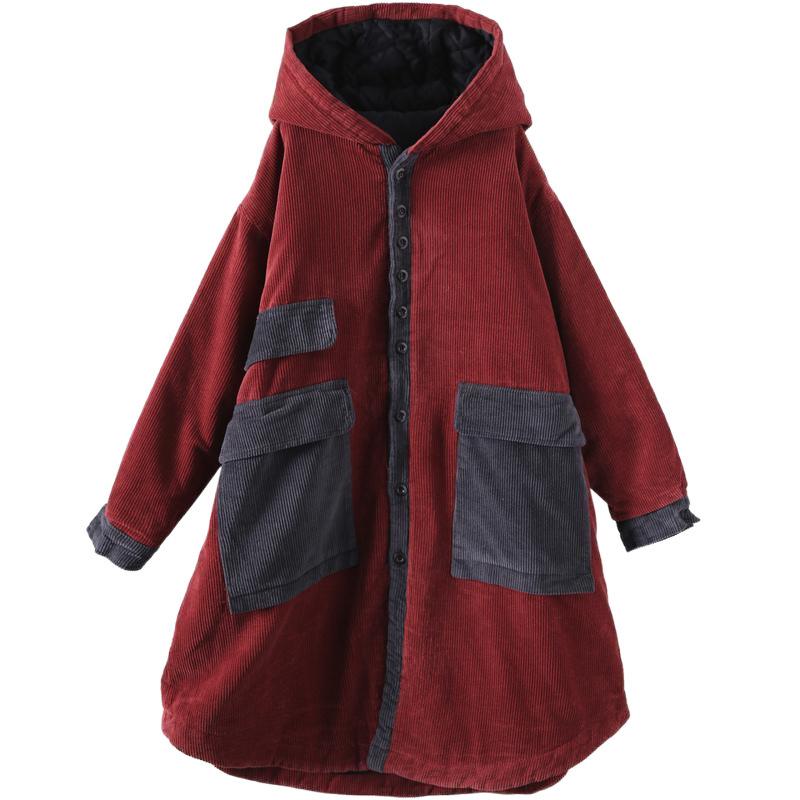 Fashion Long Corduroy Jacket Pocket Hooded Padded Women Autumn Winter Parkas Casual Coat