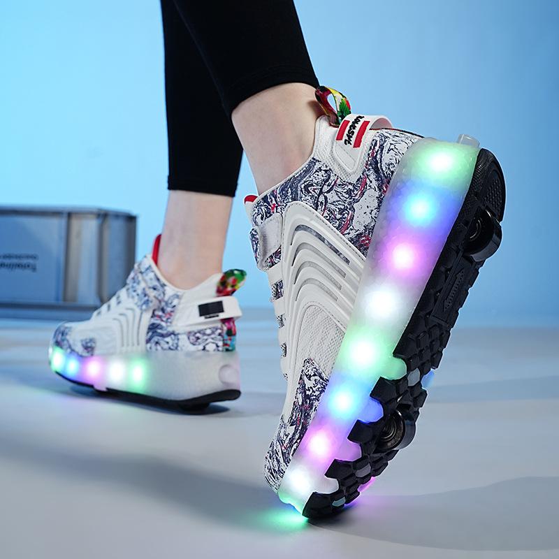 Runaway Shoes Double Wheel Boys Pulley Shoes Luminous Shoes LDE Lights Student Shoes Outdoor Sneakers Collapsible