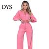 Breathable Lightweight Suit Set 2 Pcs/Set Women Crop Top Pants V Neck Half Bubble Sleeves High Waist Wide Leg Single-breasted Lace-up Solid