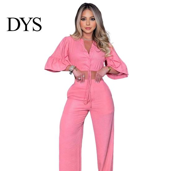 Breathable Lightweight Suit Set 2 Pcs/Set Women Crop Top Pants V Neck Half Bubble Sleeves High Waist Wide Leg Single-breasted Lace-up Solid