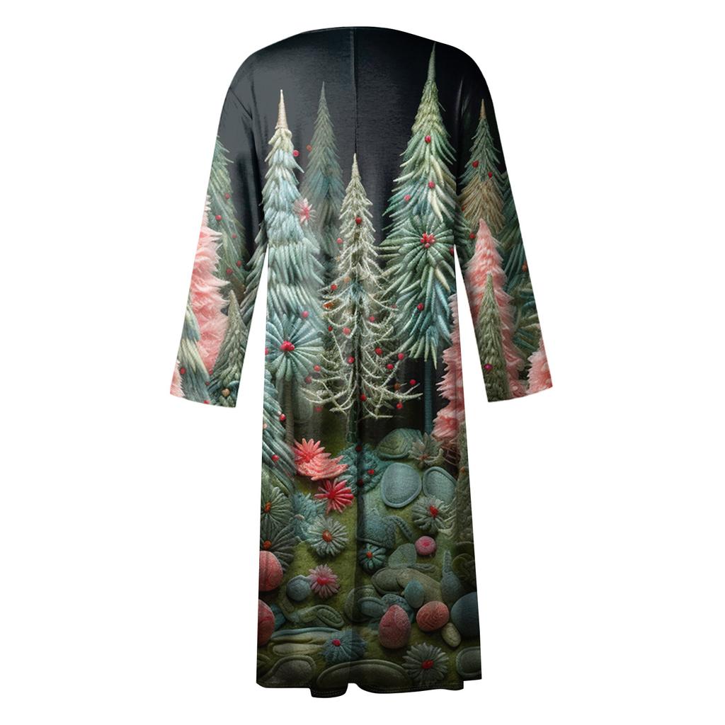 Women's Casual Crew-neck Christmas Print Mid-length Dress Long-sleeved Dress With Pocket